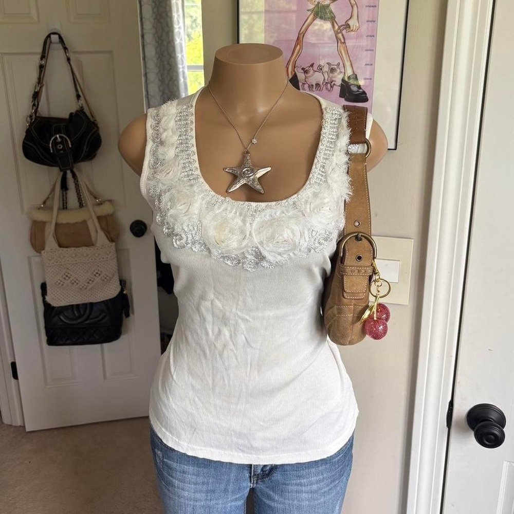 Y2K 2000s coquette floral White Rosette Tank Top